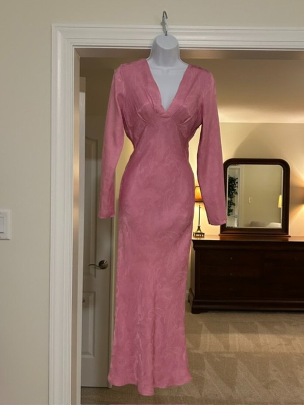 Zara Pink Satin Jacquard Maxi Dress | Long Sleeve Deep V Slip Dress | XS